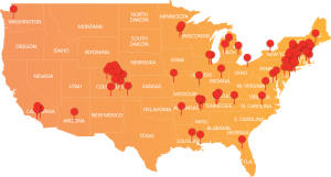 Map of the United States with red markers for client locations