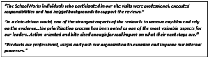 "The SchoolWorks individuals who participated in our site visits were professional, executed responsibilities and had helpful backgrounds to support the reviews." "In a data-driven world, one of the strongest aspects of the review is to remove any bias and rely on the evidence...the prioritization process has been noted as one of the most valuable aspects for our leaders. Action-oriented and bite-sized enough for real impact on what their next steps are." "Products are professional, useful and push our organization to examine and improve our internal processes."